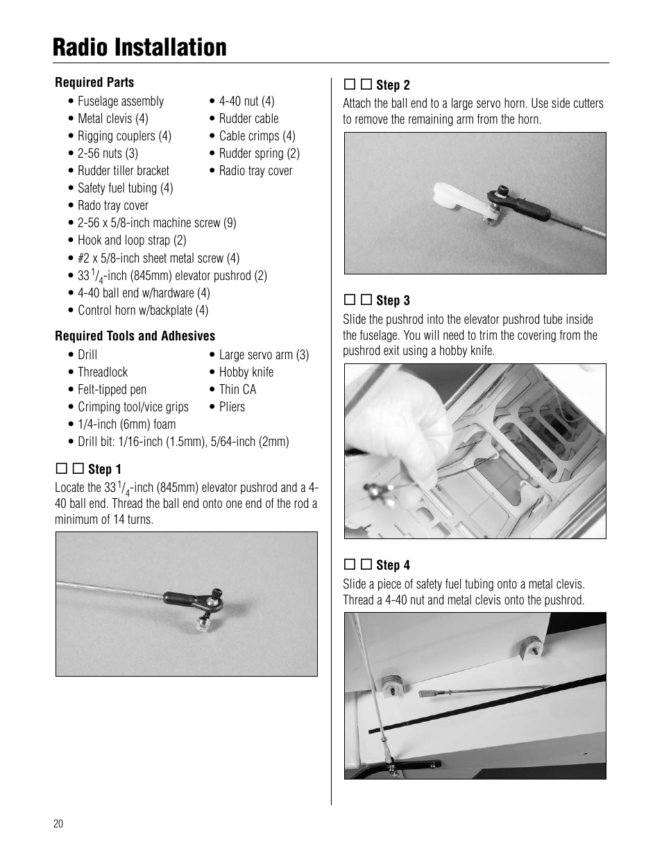 Radio installation, Radio.installation | Hangar 9 1/4-Scale J-3 Cub ARF User Manual | Page 20 / 44