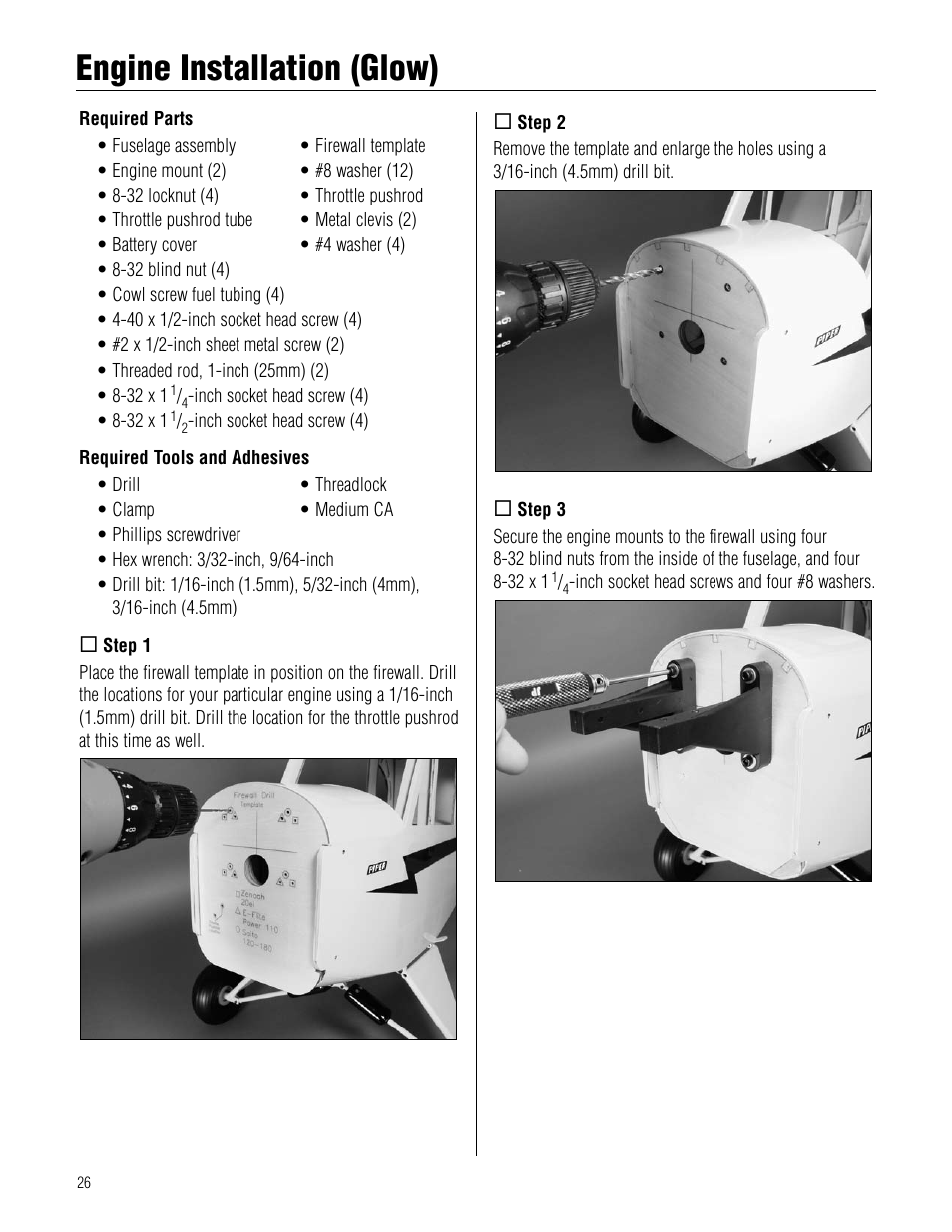 Engine installation (glow), Engine.installation.(glow) | Hangar 9 1/4-Scale J-3 Cub ARF User Manual | Page 26 / 44
