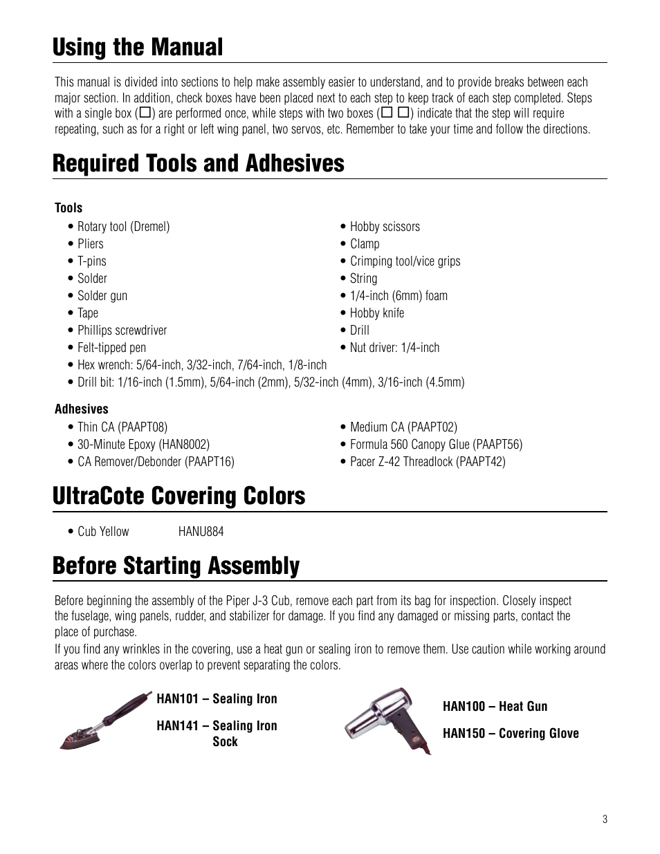 Using the manual, Required tools and adhesives, Ultracote covering colors | Before starting assembly | Hangar 9 1/4-Scale J-3 Cub ARF User Manual | Page 3 / 44
