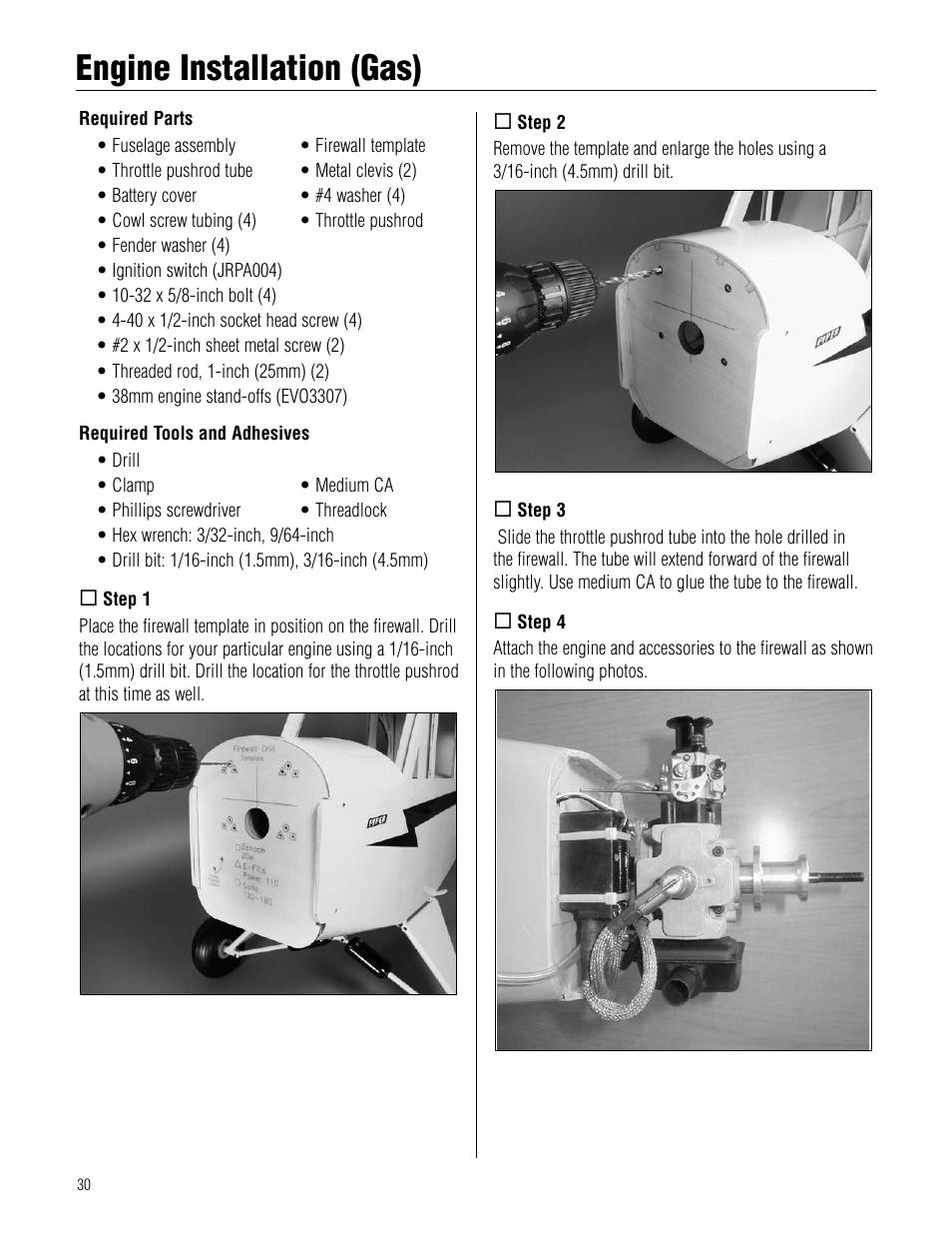 Engine installation (gas), Engine.installation.(gas) | Hangar 9 1/4-Scale J-3 Cub ARF User Manual | Page 30 / 44