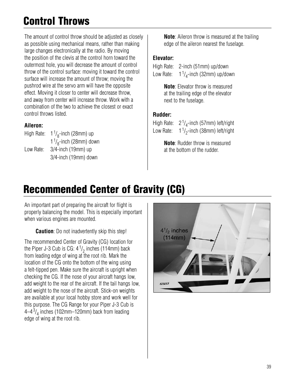 Control throws, Recommended center of gravity (cg), Control.throws recommended.center.of.gravity.(cg) | Control throws recommended center of gravity (cg) | Hangar 9 1/4-Scale J-3 Cub ARF User Manual | Page 39 / 44