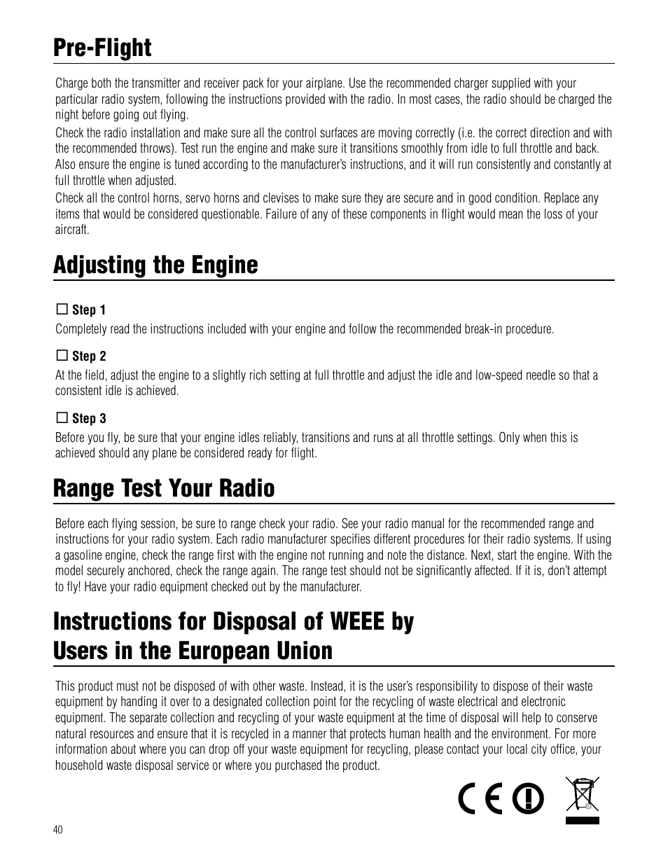 Pre-flight, Adjusting the engine, Range test your radio | Hangar 9 1/4-Scale J-3 Cub ARF User Manual | Page 40 / 44