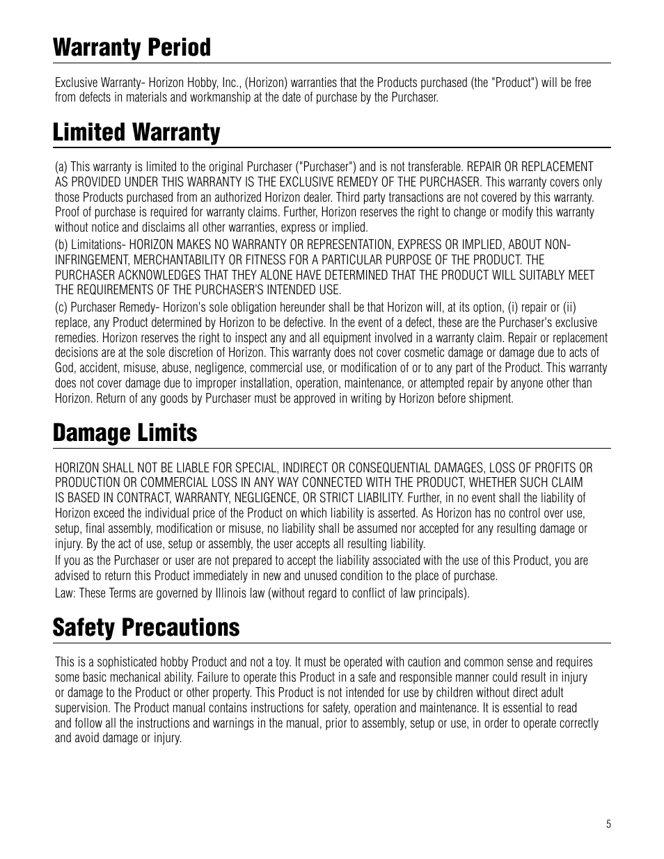 Warranty period, Limited warranty, Damage limits | Safety precautions | Hangar 9 1/4-Scale J-3 Cub ARF User Manual | Page 5 / 44