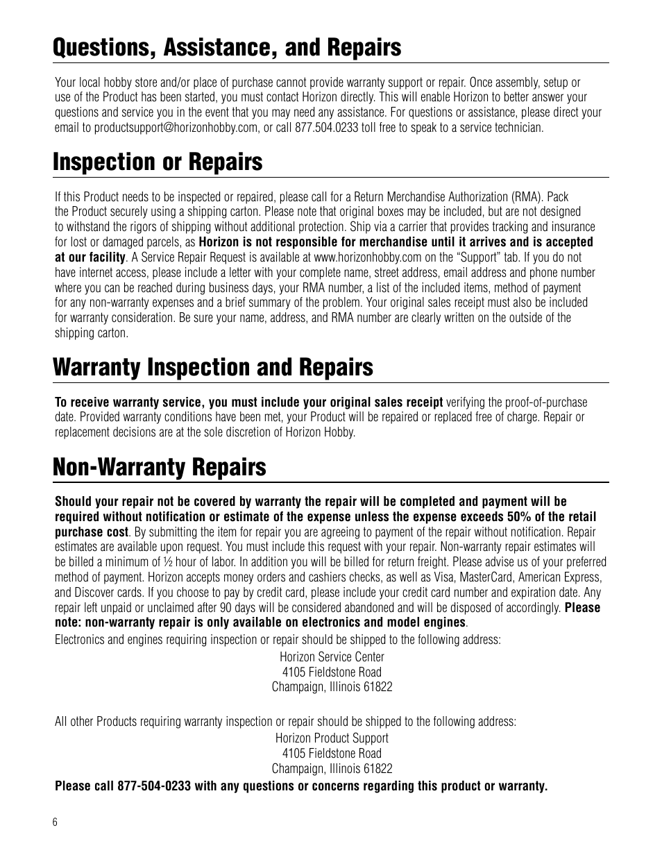 Questions, assistance, and repairs, Inspection or repairs, Warranty inspection and repairs | Non-warranty repairs | Hangar 9 1/4-Scale J-3 Cub ARF User Manual | Page 6 / 44