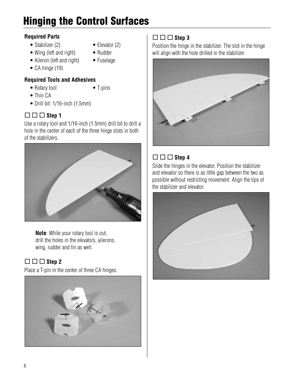 Hinging the control surfaces, Hinging.the.control.surfaces | Hangar 9 1/4-Scale J-3 Cub ARF User Manual | Page 8 / 44
