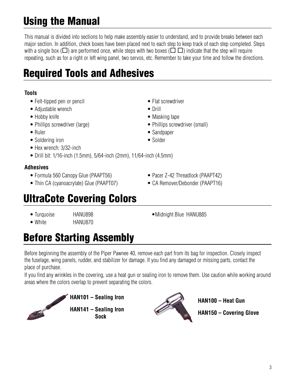 Using the manual, Required tools and adhesives, Ultracote covering colors | Before starting assembly | Hangar 9 Piper Pawnee 40 ARF User Manual | Page 3 / 52