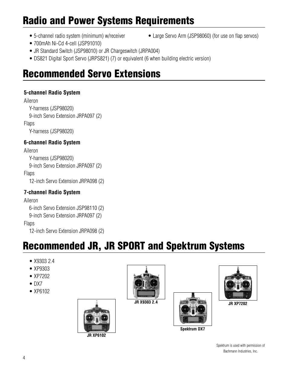 Radio and power systems requirements, Recommended servo extensions, Recommended jr, jr sport and spektrum systems | Hangar 9 Piper Pawnee 40 ARF User Manual | Page 4 / 52