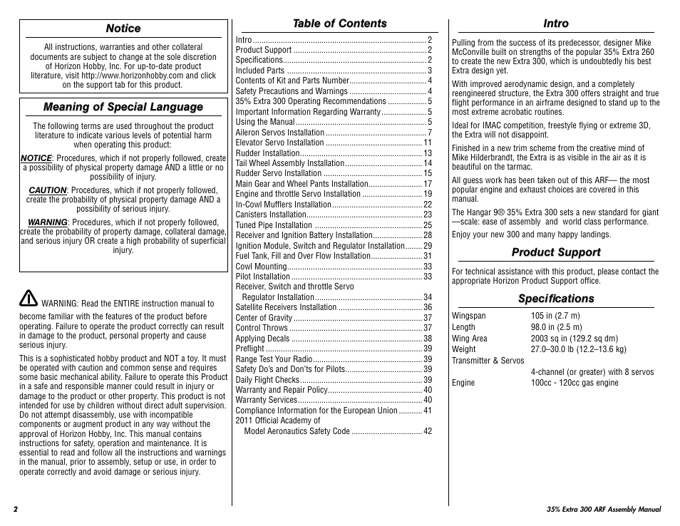 Hangar 9 35% Extra 300 ARF (3 Boxes) User Manual | Page 2 / 44