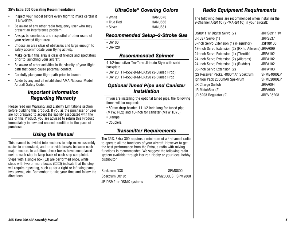 Hangar 9 35% Extra 300 ARF (3 Boxes) User Manual | Page 5 / 44