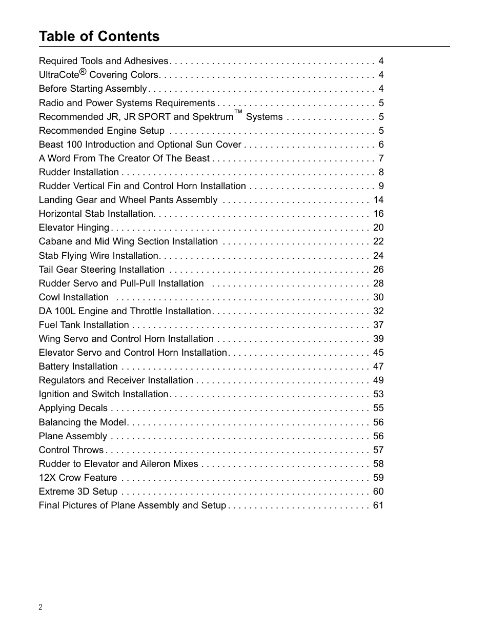 Hangar 9 Beast 100cc ARF User Manual | Page 2 / 70