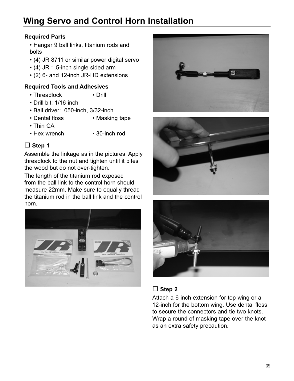 Wing servo and control horn installation | Hangar 9 Beast 100cc ARF User Manual | Page 39 / 70