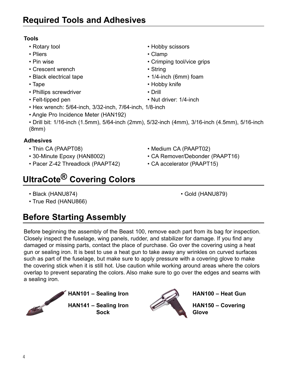 Required tools and adhesives, Ultracote® covering colors, Before starting assembly | Hangar 9 Beast 100cc ARF User Manual | Page 4 / 70