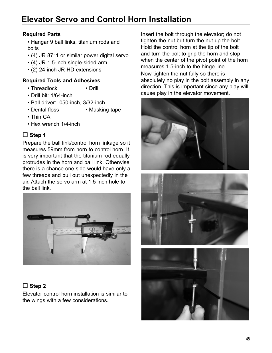 Elevator servo and control horn installation | Hangar 9 Beast 100cc ARF User Manual | Page 45 / 70