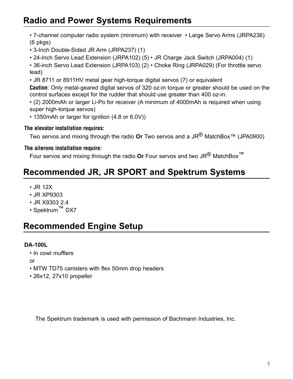 Radio and power systems requirements, Recommended jr, jr sport and spektrum systems, Recommended engine setup | Hangar 9 Beast 100cc ARF User Manual | Page 5 / 70