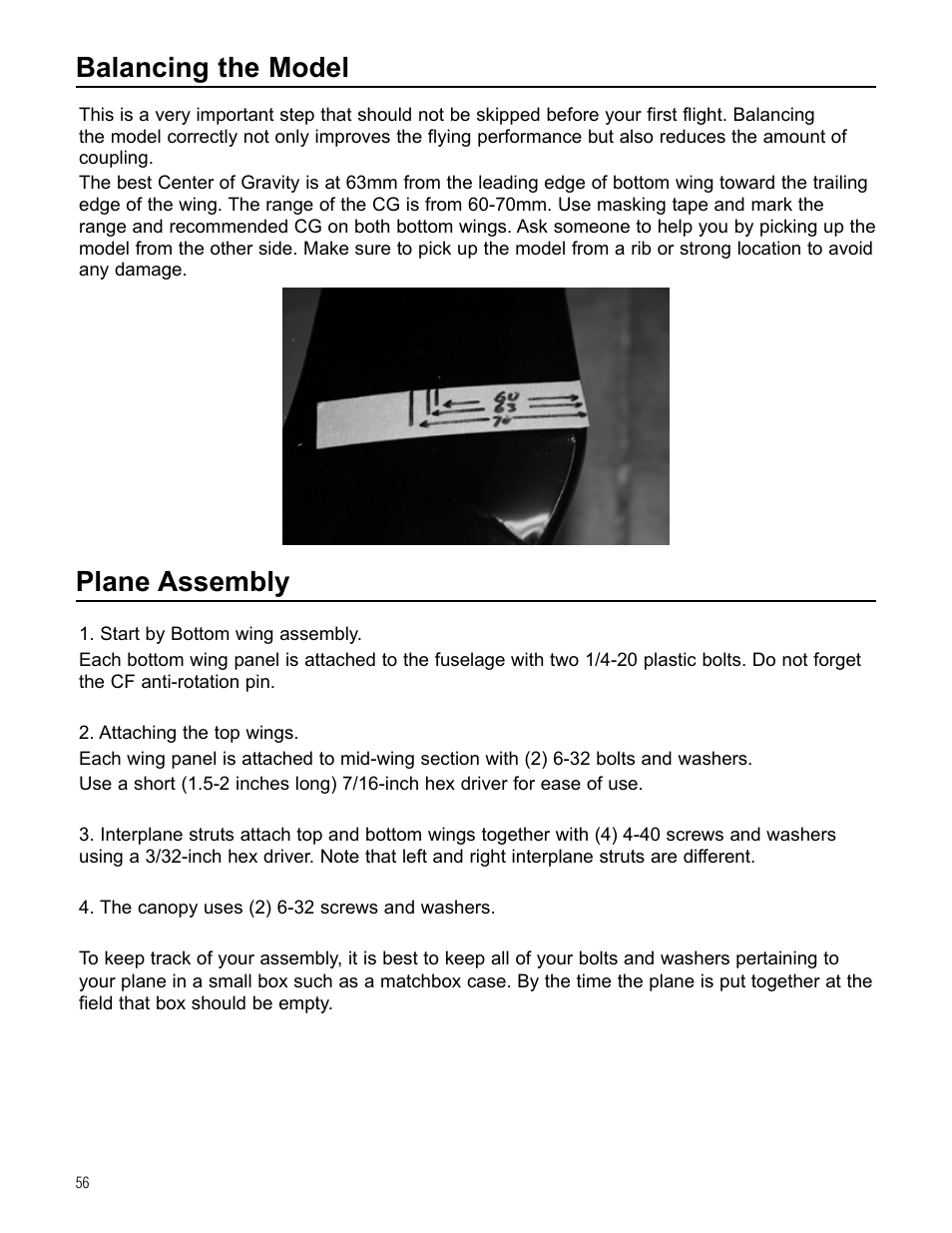 Balancing the model, Plane assembly | Hangar 9 Beast 100cc ARF User Manual | Page 56 / 70