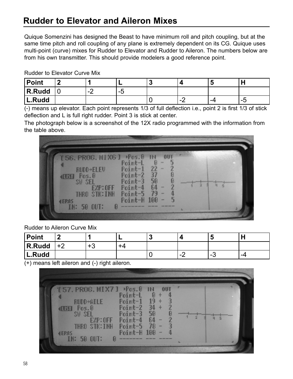 Rudder to elevator and aileron mixes | Hangar 9 Beast 100cc ARF User Manual | Page 58 / 70