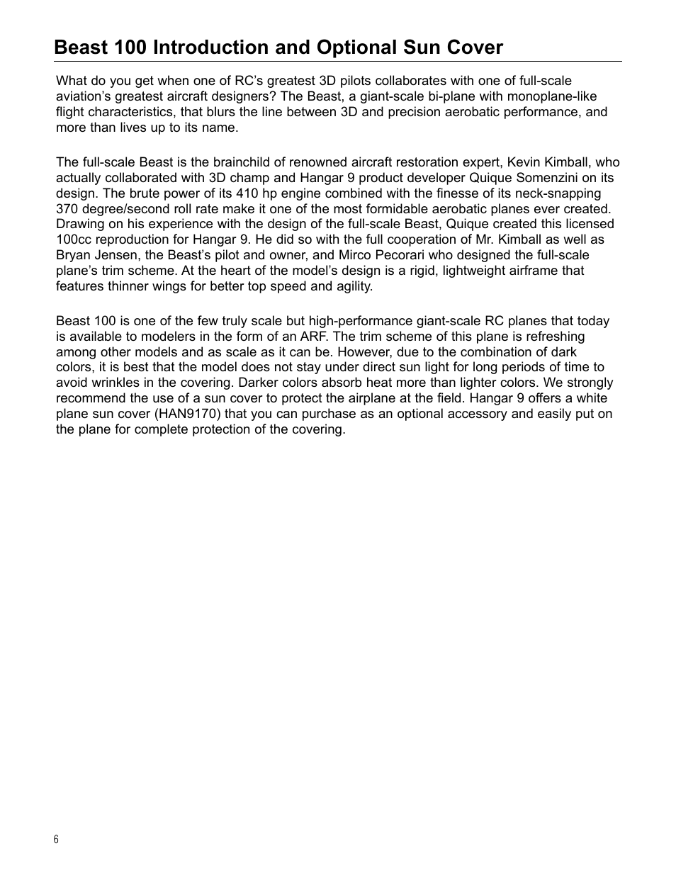 Beast 100 introduction and optional sun cover | Hangar 9 Beast 100cc ARF User Manual | Page 6 / 70