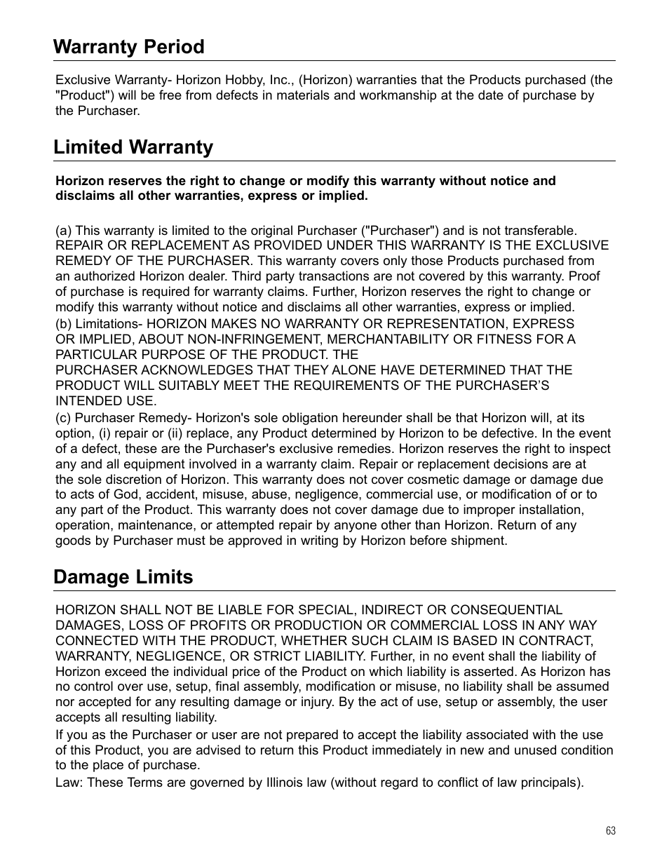 Warranty period, Limited warranty, Damage limits | Hangar 9 Beast 100cc ARF User Manual | Page 63 / 70