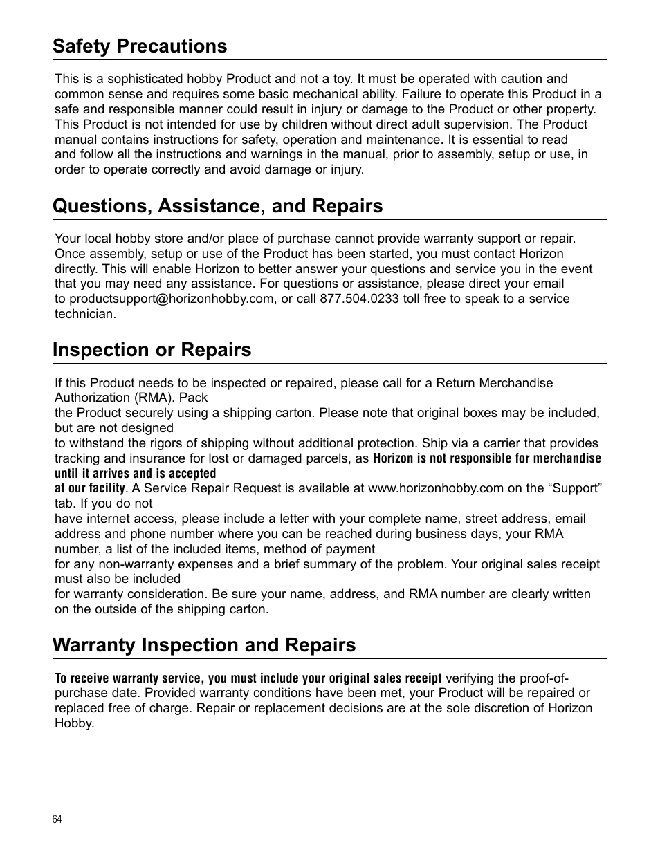 Safety precautions, Questions, assistance, and repairs, Inspection or repairs | Warranty inspection and repairs | Hangar 9 Beast 100cc ARF User Manual | Page 64 / 70