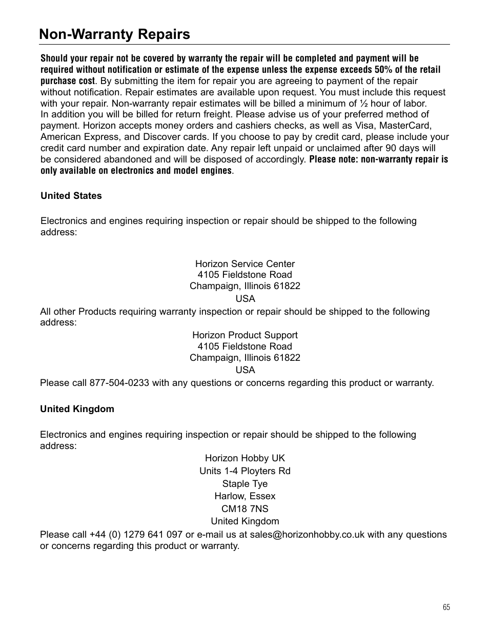 Non-warranty repairs | Hangar 9 Beast 100cc ARF User Manual | Page 65 / 70