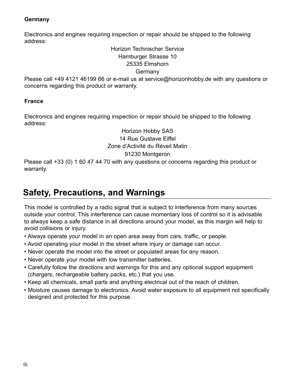 Safety, precautions, and warnings | Hangar 9 Beast 100cc ARF User Manual | Page 66 / 70