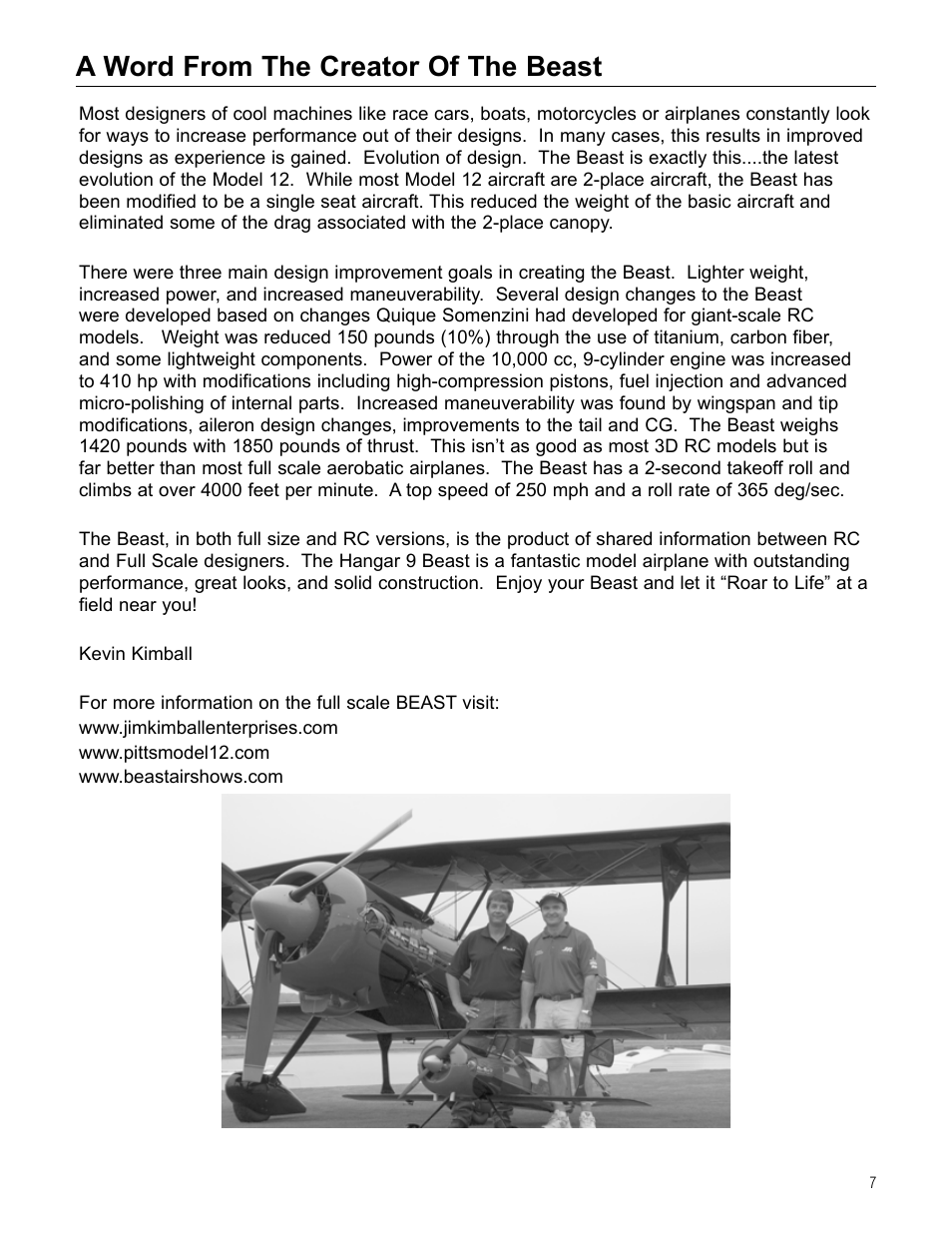 A word from the creator of the beast | Hangar 9 Beast 100cc ARF User Manual | Page 7 / 70