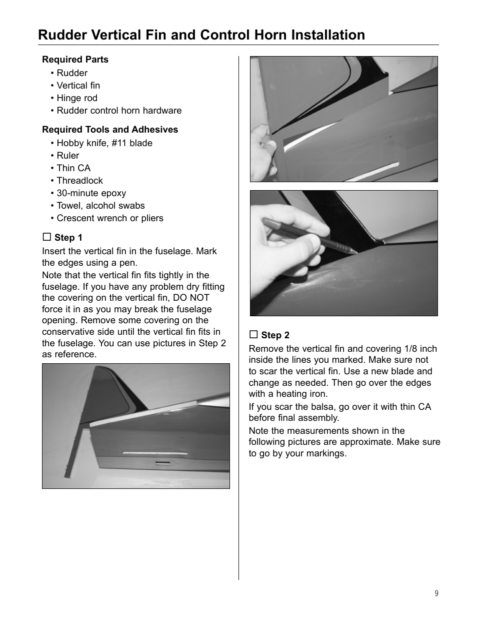 Rudder vertical fin and control horn installation | Hangar 9 Beast 100cc ARF User Manual | Page 9 / 70