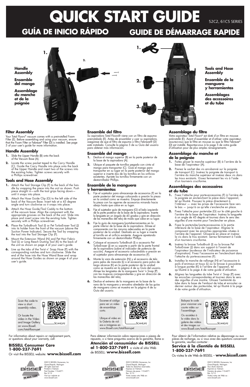 Quick start guide, Guía de inicio rápido guide de démarrage rapide | Bissell 52C2 User Manual | Page 2 / 2