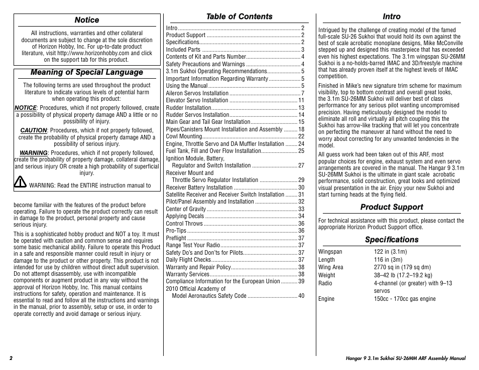 Hangar 9 3.1m Sukhoi SU-26MM ARF (3 Boxes) User Manual | Page 2 / 41