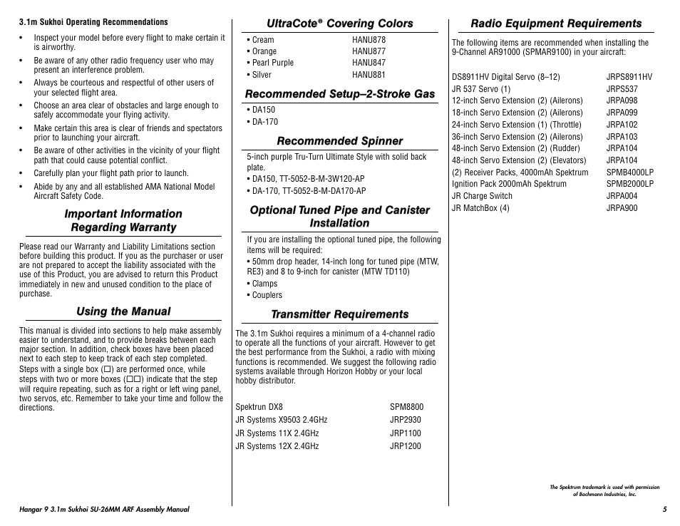 Hangar 9 3.1m Sukhoi SU-26MM ARF (3 Boxes) User Manual | Page 5 / 41