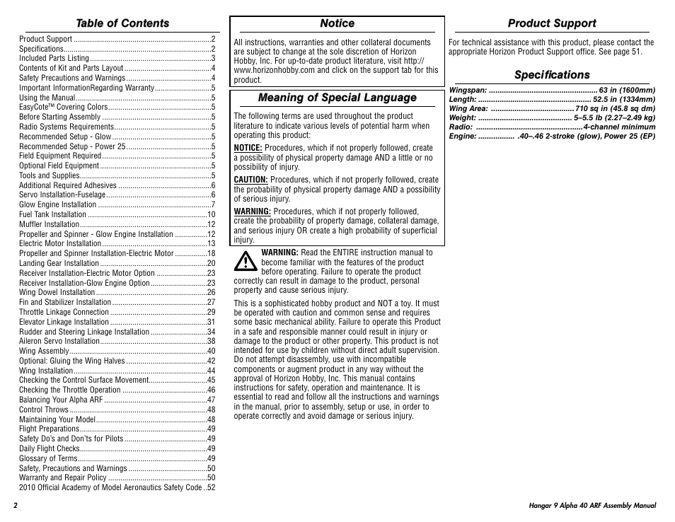 Hangar 9 Alpha 40 ARF Trainer User Manual | Page 2 / 54