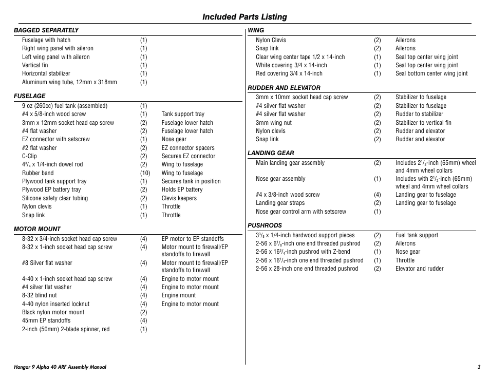 Hangar 9 Alpha 40 ARF Trainer User Manual | Page 3 / 54