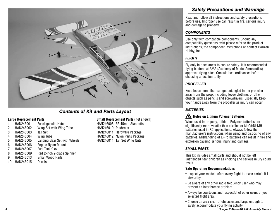 Safety precautions and warnings, Contents of kit and parts layout | Hangar 9 Alpha 40 ARF Trainer User Manual | Page 4 / 54