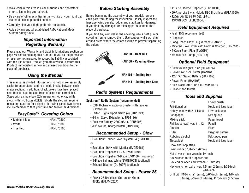 Hangar 9 Alpha 40 ARF Trainer User Manual | Page 5 / 54