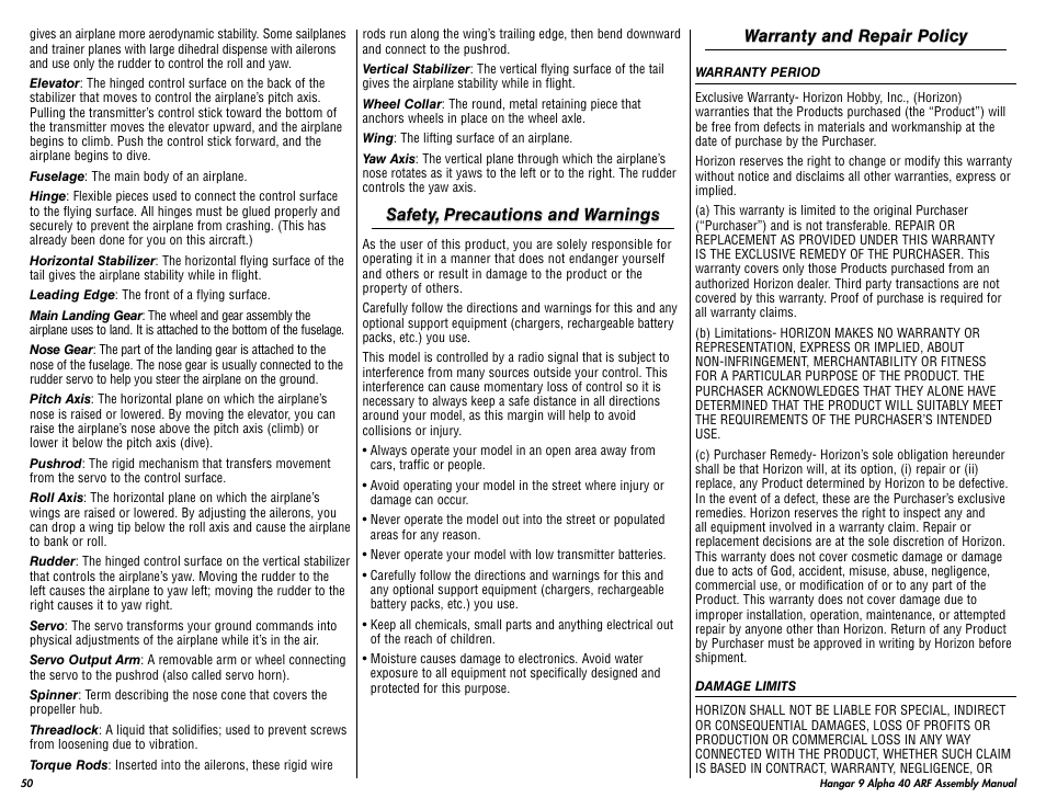 Hangar 9 Alpha 40 ARF Trainer User Manual | Page 50 / 54