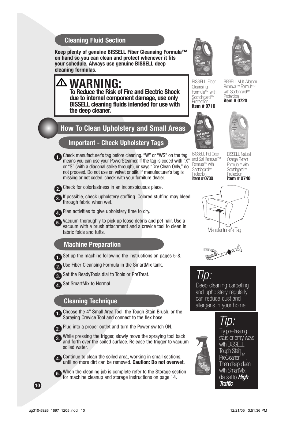 Warning, How to clean upholstery and small areas, Dial set to high traffic | Manufacturer’s tag | Bissell PowerSteamer 1697 series User Manual | Page 10 / 16