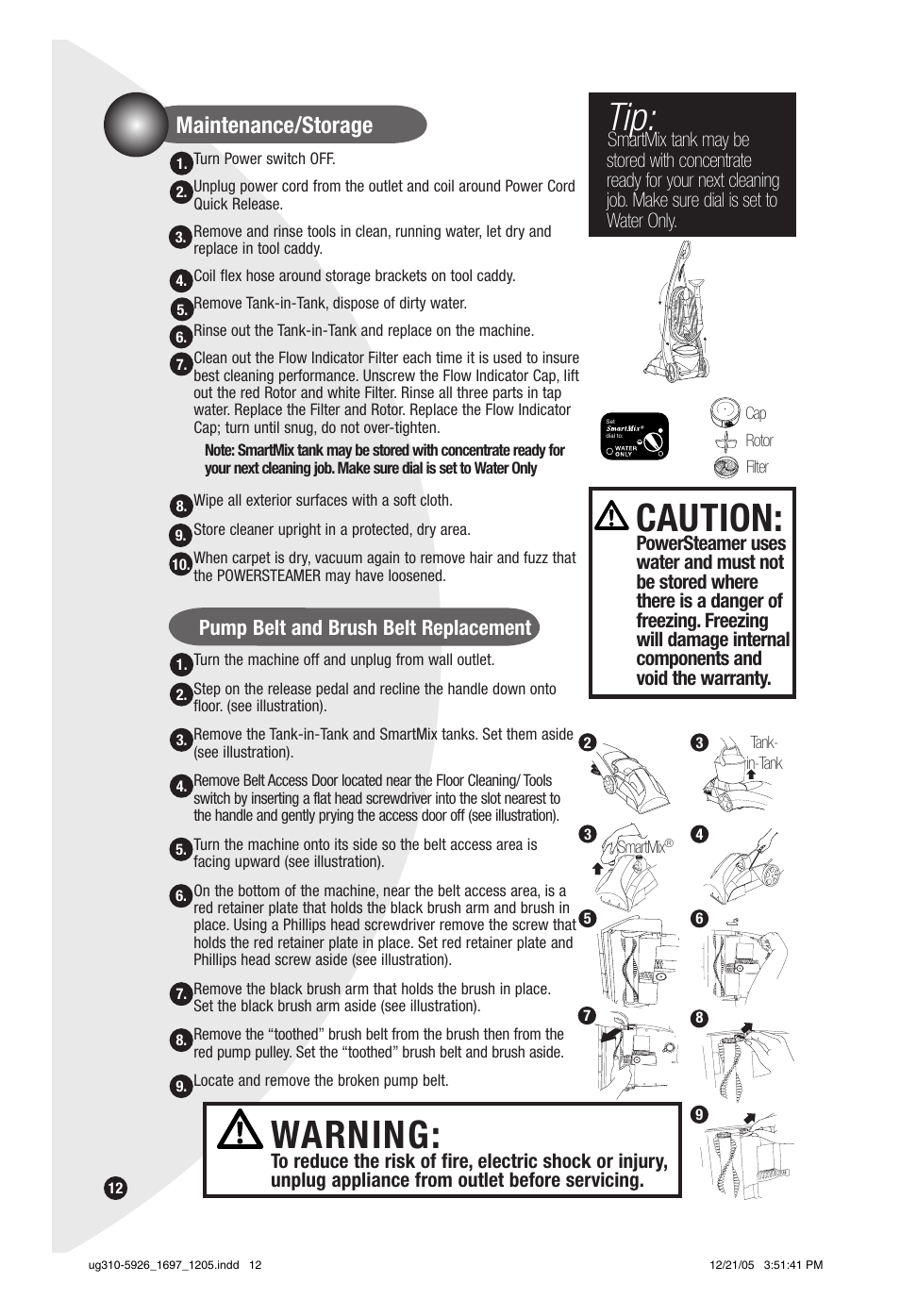 Caution, Warning, Maintenance/storage | Pump belt and brush belt replacement | Bissell PowerSteamer 1697 series User Manual | Page 12 / 16