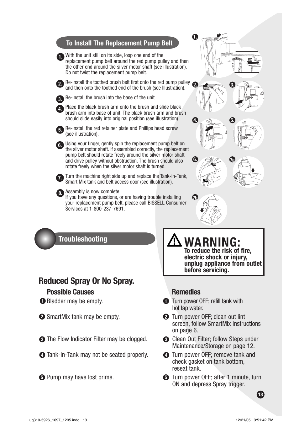 Warning, Reduced spray or no spray, Possible causes | Remedies, Troubleshooting | Bissell PowerSteamer 1697 series User Manual | Page 13 / 16