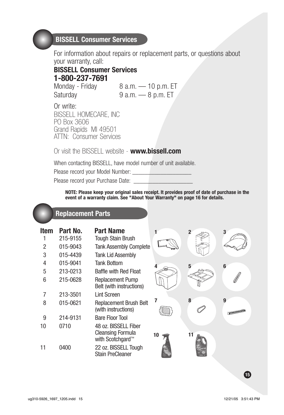 Replacement parts, Item part no. part name | Bissell PowerSteamer 1697 series User Manual | Page 15 / 16