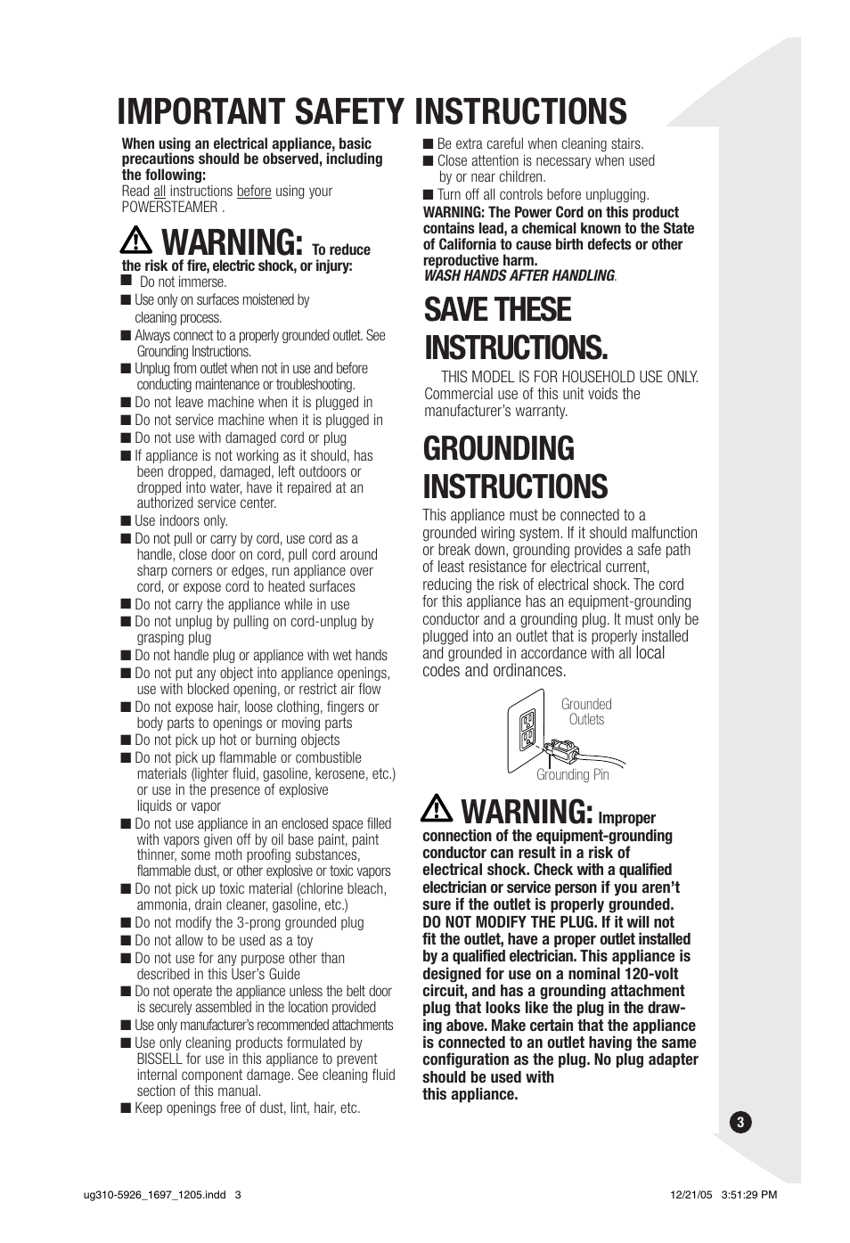 Important safety instructions, Warning, Save these instructions | Grounding instructions | Bissell PowerSteamer 1697 series User Manual | Page 3 / 16