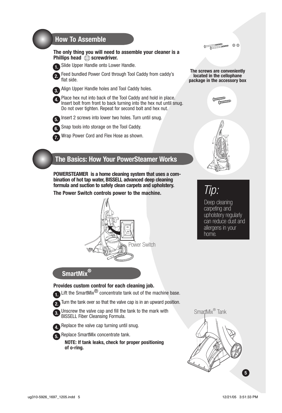 How to assemble, The basics: how your powersteamer works, Smartmix | Bissell PowerSteamer 1697 series User Manual | Page 5 / 16