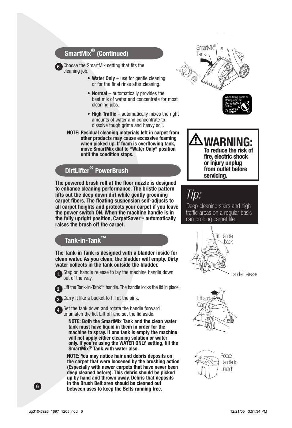Warning, Smartmix, Continued) | Dirtlifter, Powerbrush, Tank-in-tank, Tank | Bissell PowerSteamer 1697 series User Manual | Page 6 / 16