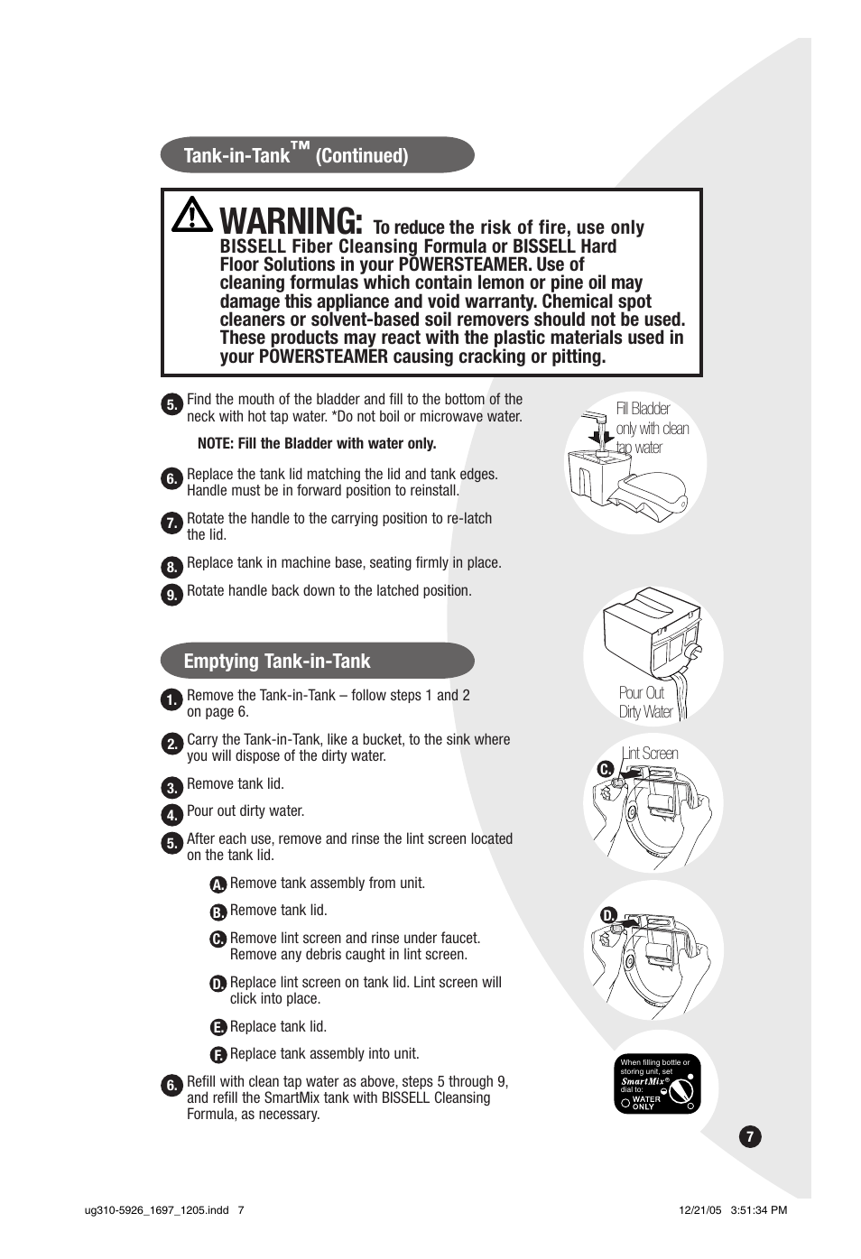 Warning, Tank-in-tank™ (continued), Emptying tank-in-tank | Bissell PowerSteamer 1697 series User Manual | Page 7 / 16