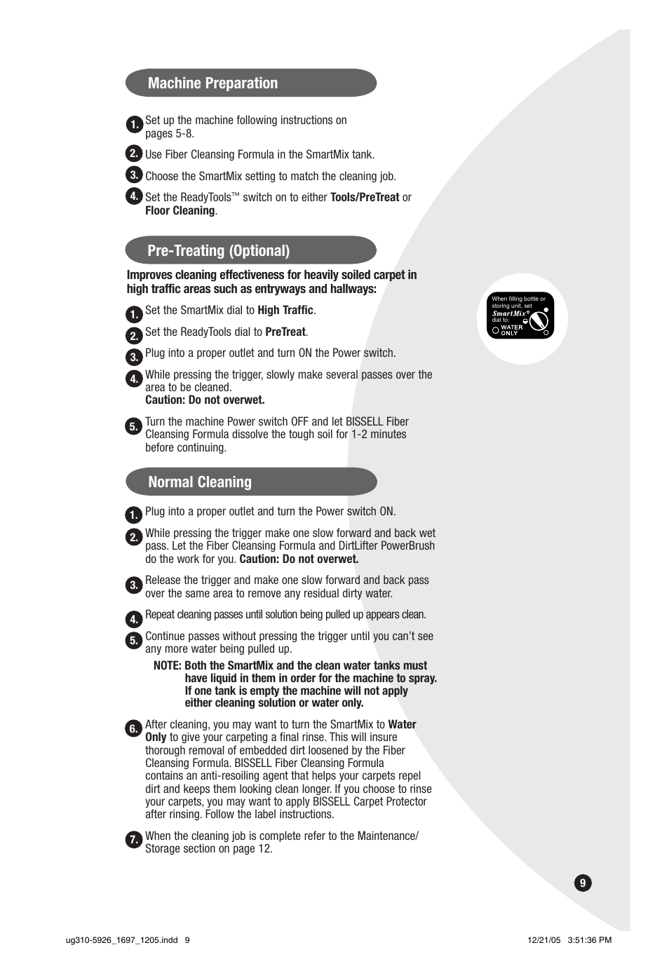 Machine preparation, Pre-treating (optional), Normal cleaning | Bissell PowerSteamer 1697 series User Manual | Page 9 / 16