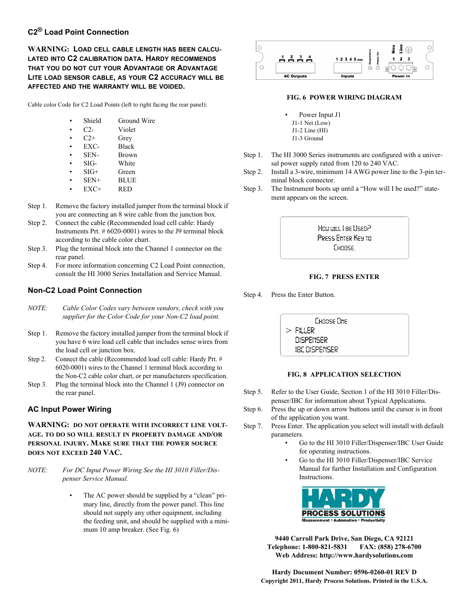C2® load point connection, Non-c2 load point connection, Ac input power wiring | Fig. 6 power wiring diagram, Fig. 7 press enter, Step 4. press the enter button, Fig. 8 application selection | Hardy HI 3010 Filler/Dispenser Controller User Manual | Page 2 / 2