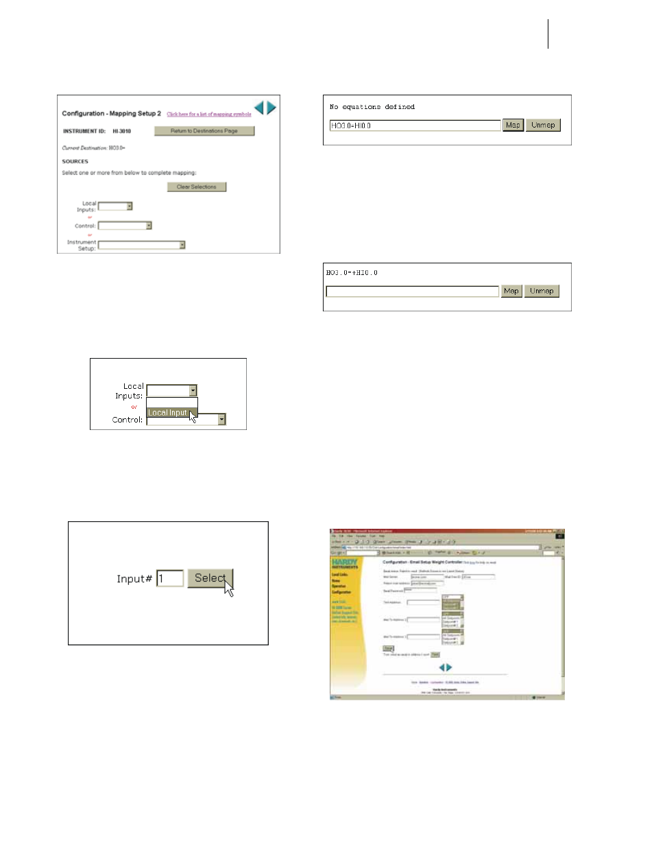Fig. 318: selecting local inputs, Fig. 319: selecting local input #1, Fig. 320: equation entered (ho3.0=hi0.0) | Fig. 321: e-mail mapping complete, Testing e-mail, Fig. 322: testing e-mail | Hardy HI 3010 Filler/Dispenser Controller User Manual | Page 108 / 131