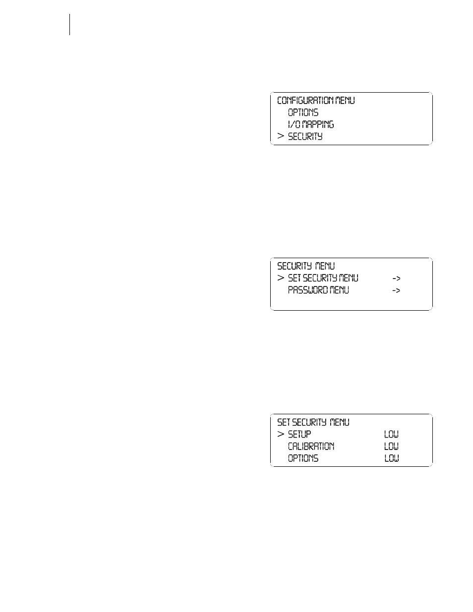 Security: setup, Overview, Security levels | Setting up passwords from the front panel, Fig. 323: configuration menu/selecting security, Fig. 324: security menu/setting security menu, Fig. 325: set security menu | Hardy HI 3010 Filler/Dispenser Controller User Manual | Page 111 / 131