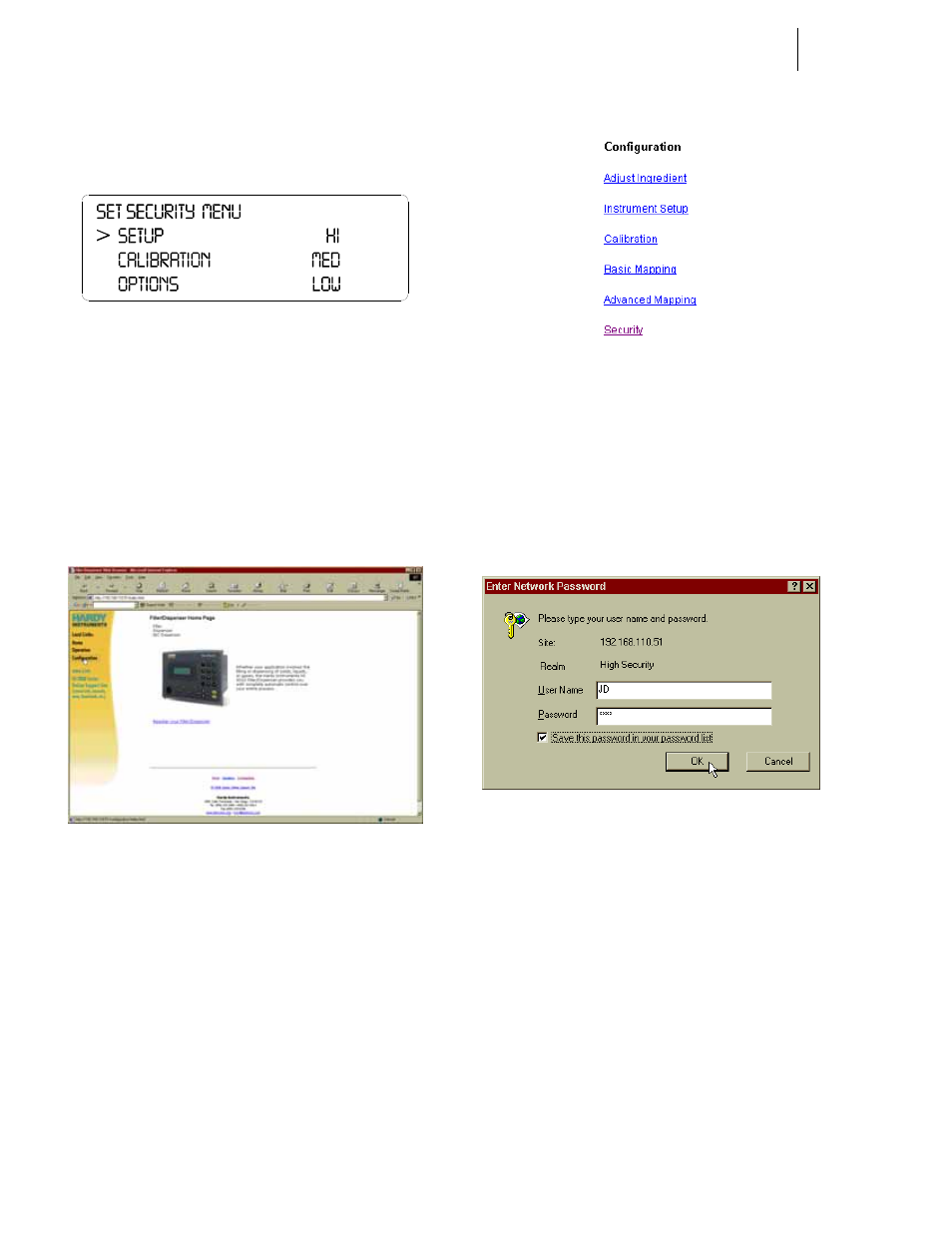 Fig. 326: security levels assigned for each menu, Setting up passwords from the browser, Fig. 329: enter network password dialog box | Hardy HI 3010 Filler/Dispenser Controller User Manual | Page 112 / 131