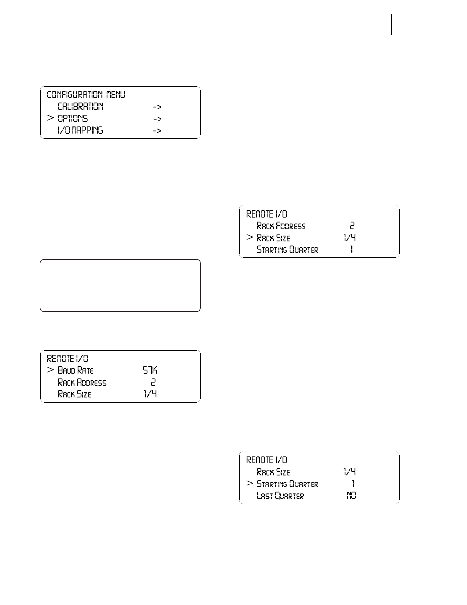 Fig. 8: configuration menu/selecting options, Fig. 9: options/selecting remote i/o, Fig. 10: remote i/o menu/setting parameters | Fig. 11: remote i/o/setting rack size, Fig. 12: remote i/o selecting starting quarter, Onfiguration menu/selecting options, Ecting remote i/o, Ing parameters, Emote i/o/setting rack size, Emote i/o selecting starting quarter | Hardy HI 3010 Filler/Dispenser Controller User Manual | Page 20 / 131