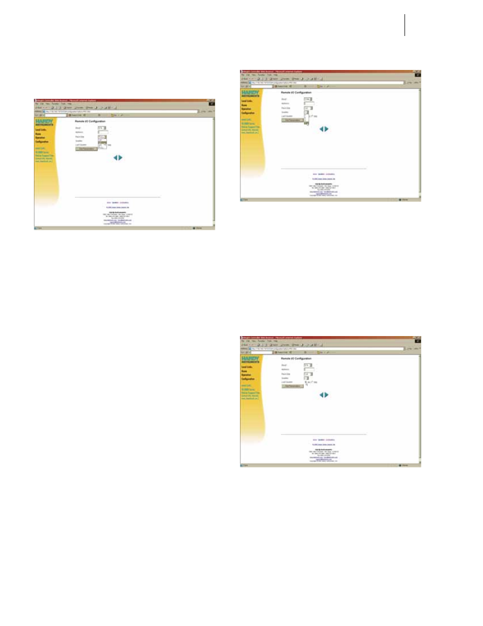 Emote i/o configuration/selecting rack size, Emote i/0 configuration/selecting quarter, Te i/o configuration/selecting last quarter | Hardy HI 3010 Filler/Dispenser Controller User Manual | Page 22 / 131